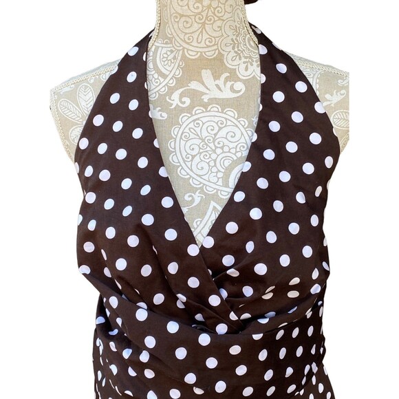 Vtg KSL Stretchy Dress Size 20 Brown White Polka Dot Pin Up Retro Halter Midi - Picture 6 of 12